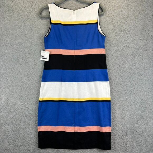 Liz Claiborne Linen Dress Sz 4 Old Money Career Natural Stripe Colorblock Sheath - Picture 9 of 12